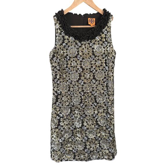 Tory Burch floral sequin mini dress size 4 100% silk black gold silver - Picture 1 of 9